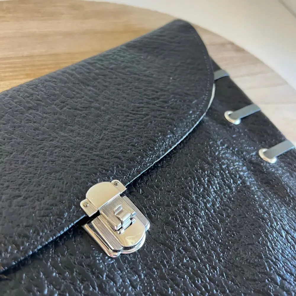 Vintage 90s Black Genuine Leather Weaved Silver Lock Large Clutch Bag